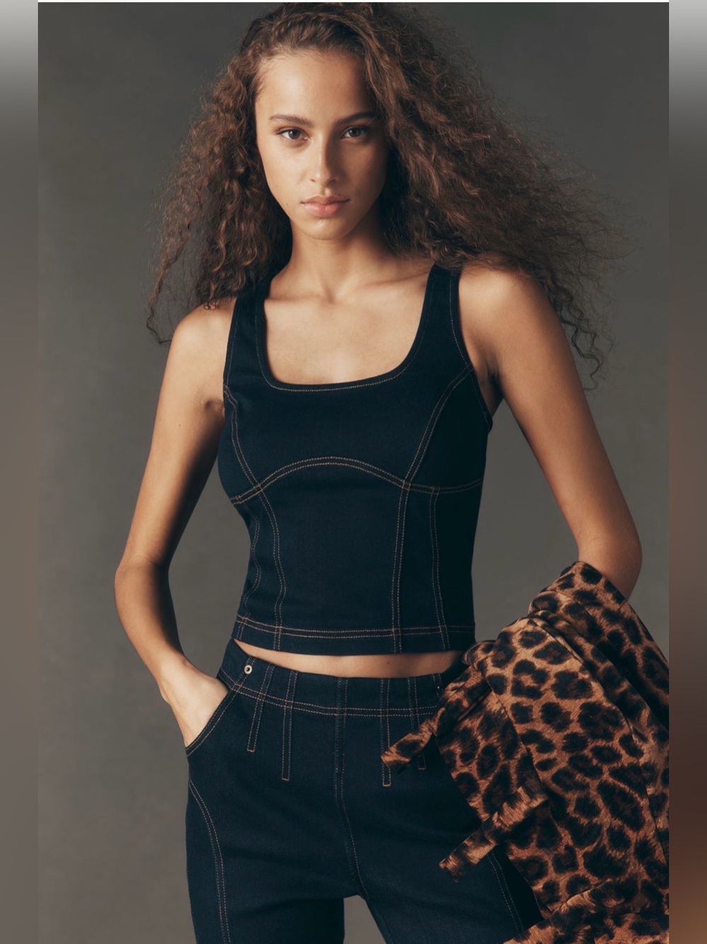 Pilcro by Anthropologie Dark Denim Crop Tank with Contrast Stitching NWT